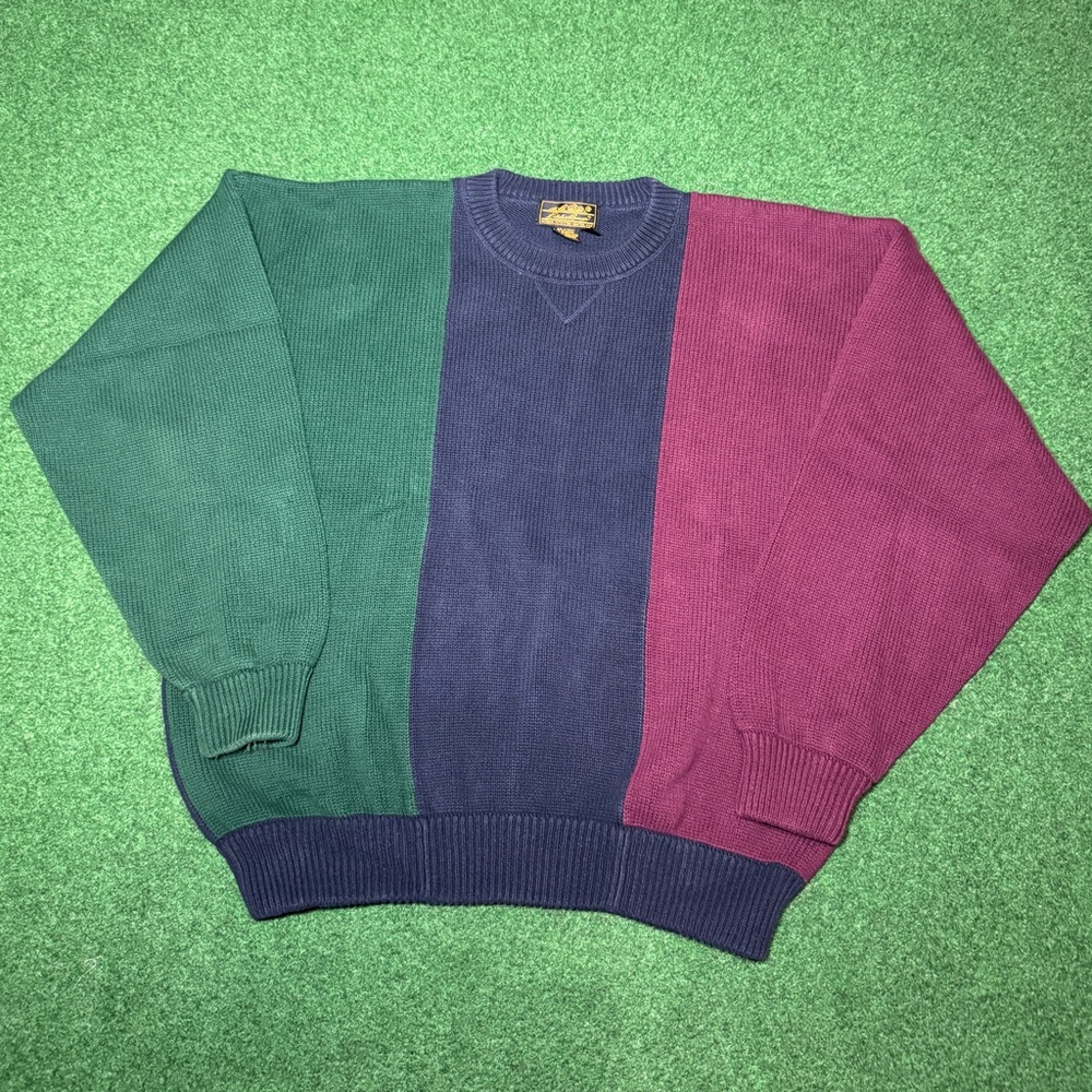 Vintage 80s 90s Eddie Bauer Striped Colorblock Sweater, Preppy Grandpa (Large)